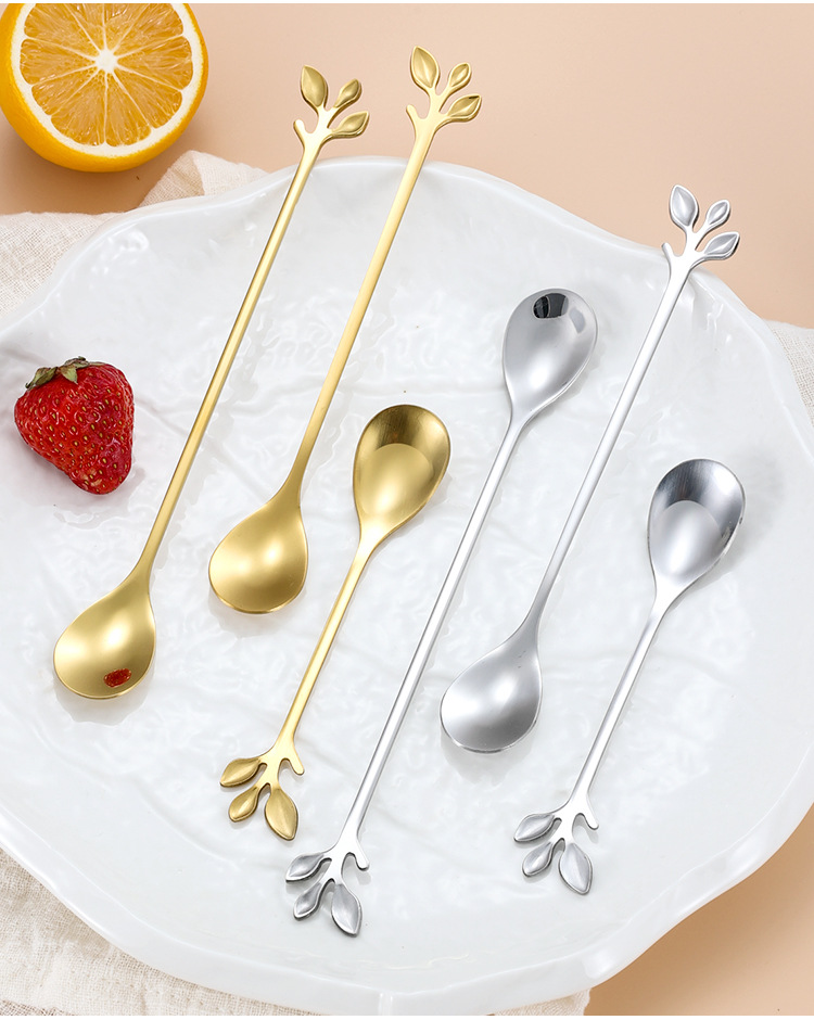 不锈钢树叶勺子创意水果叉欧式金树叶勺小咖啡勺搅拌勺甜品勺礼品详情16