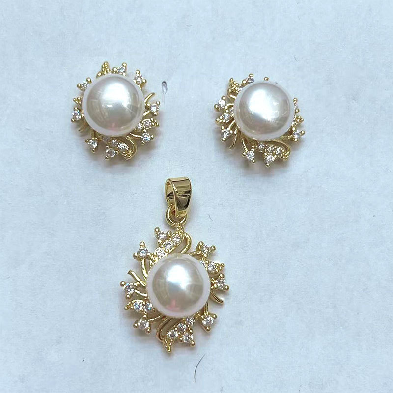 Copper gold-plated pearl pendant earrings, diy jewelry accessories, niche design, high-end and simple diamond-encrusted pearl earrings pic 1