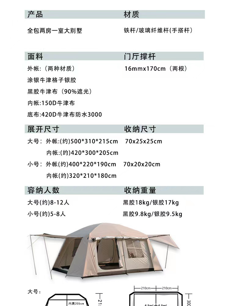 一件代发大帐篷户外超大双层加厚露营两房二室一厅家庭野营多人详情2
