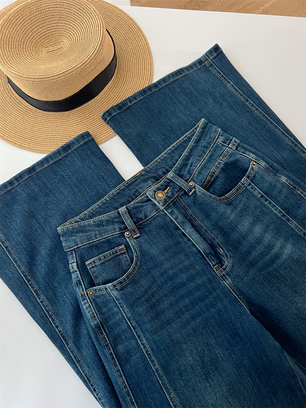 复古时髦高腰斜裁宽松显瘦百搭弹力直筒宽松微喇叭牛仔裤G031612详情18