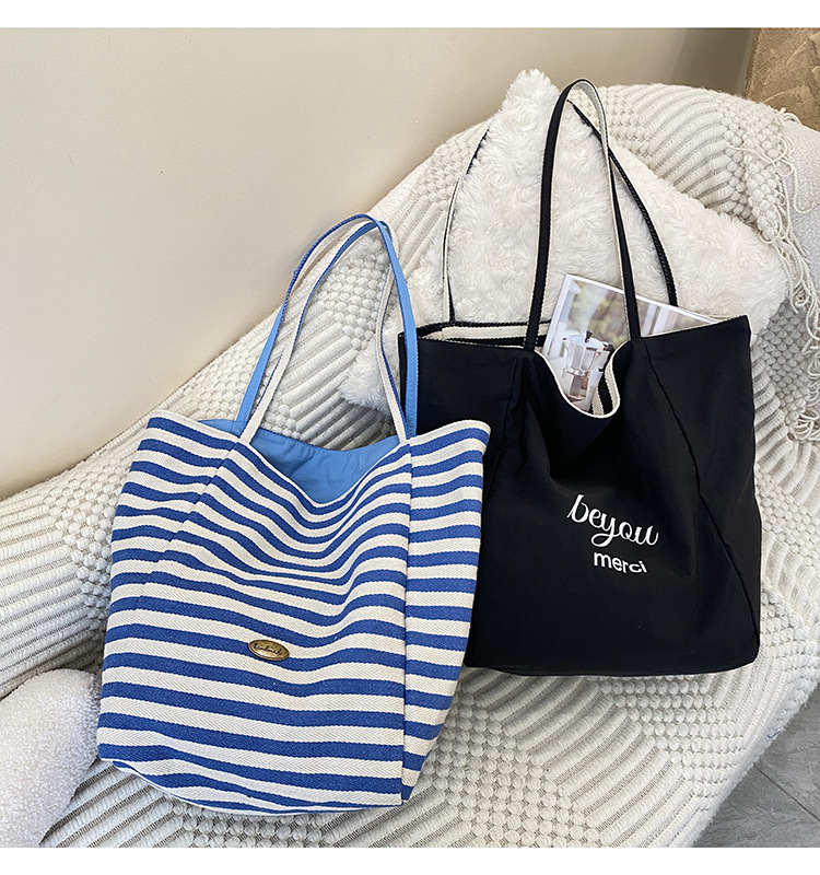 Striped canvas bag, 2024 new Korean-style ins tote casual bag, single-shoulder large-capacity tote bag shopping bag pic 20