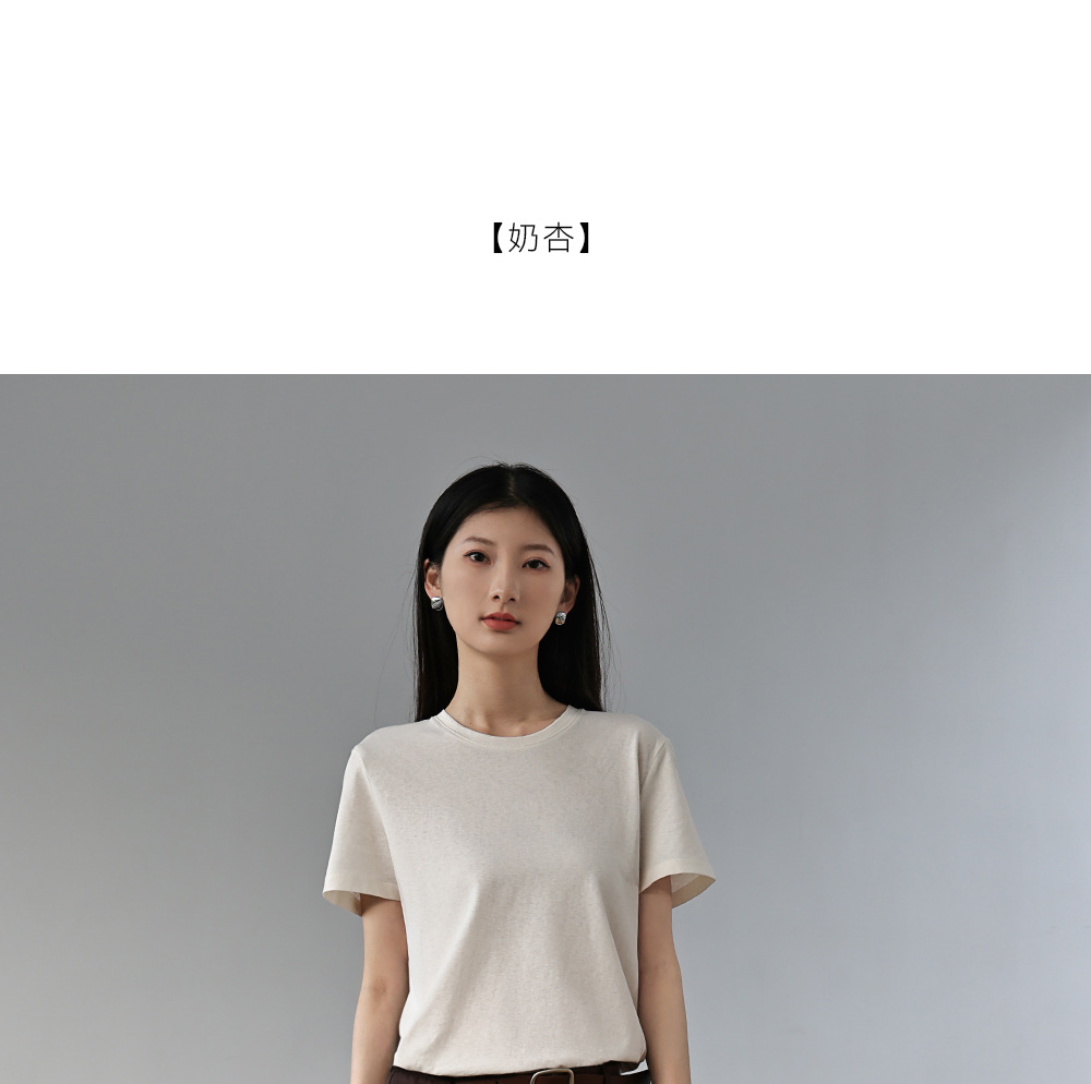 纯色棉亚麻圆领T恤女式春夏季薄款宽松上衣正肩显瘦套头休闲短袖详情40
