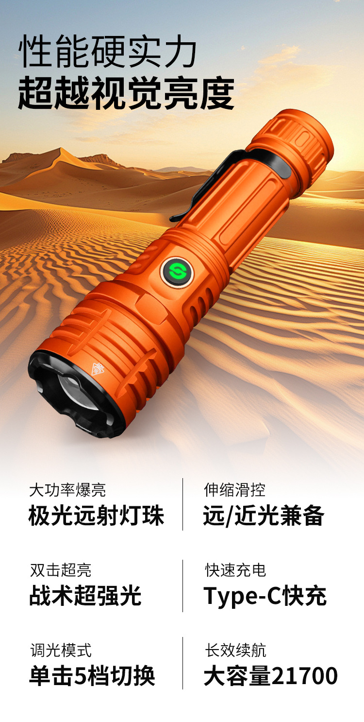 跨境新款白激光超亮强光LED照明手电筒变焦充电户外远射大功率详情6