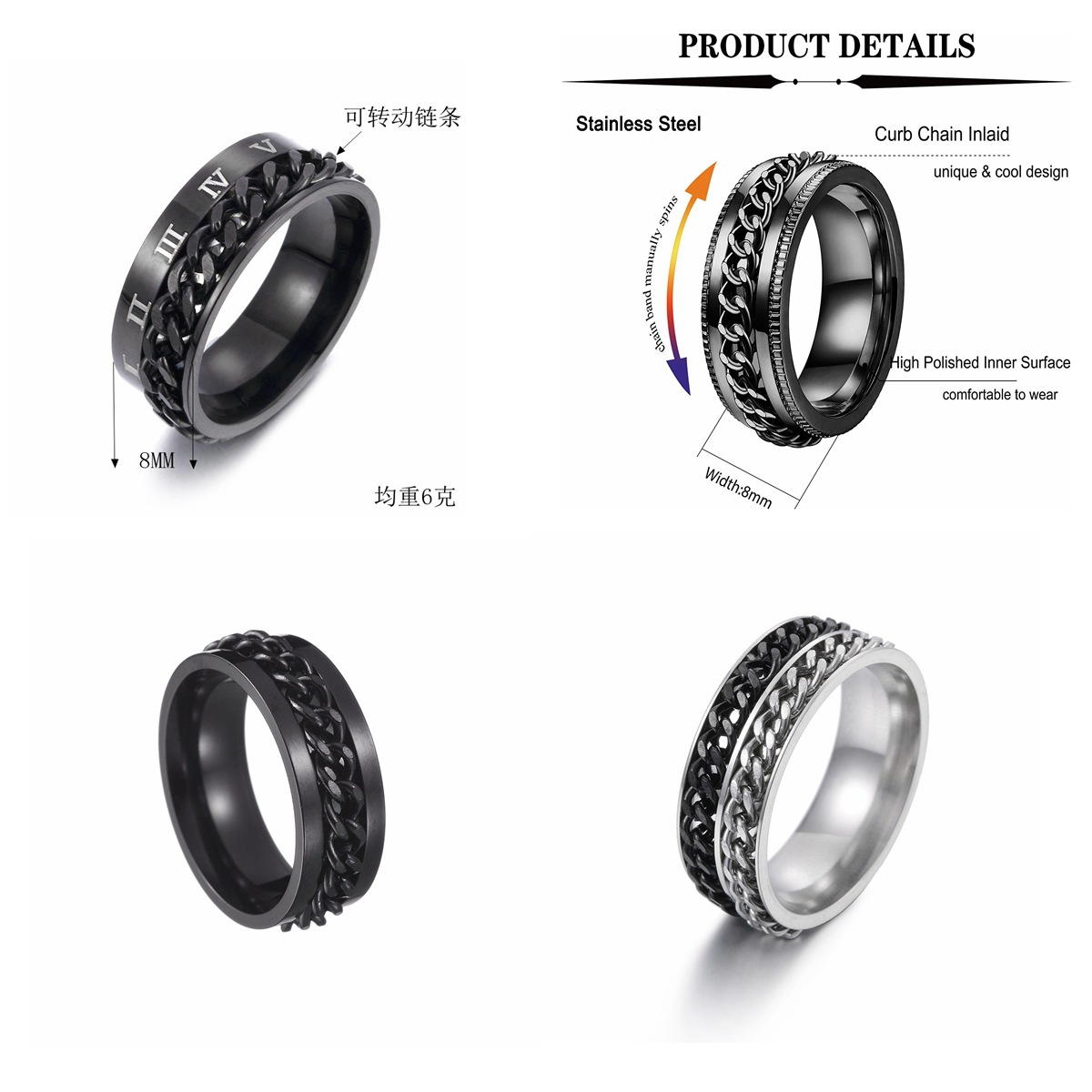Wholesale of new 6-piece sets of jewelry from Amazon in Japan and South Korea, including chain-rotating titanium steel rings and stress-relieving rotating hand rings pic 3