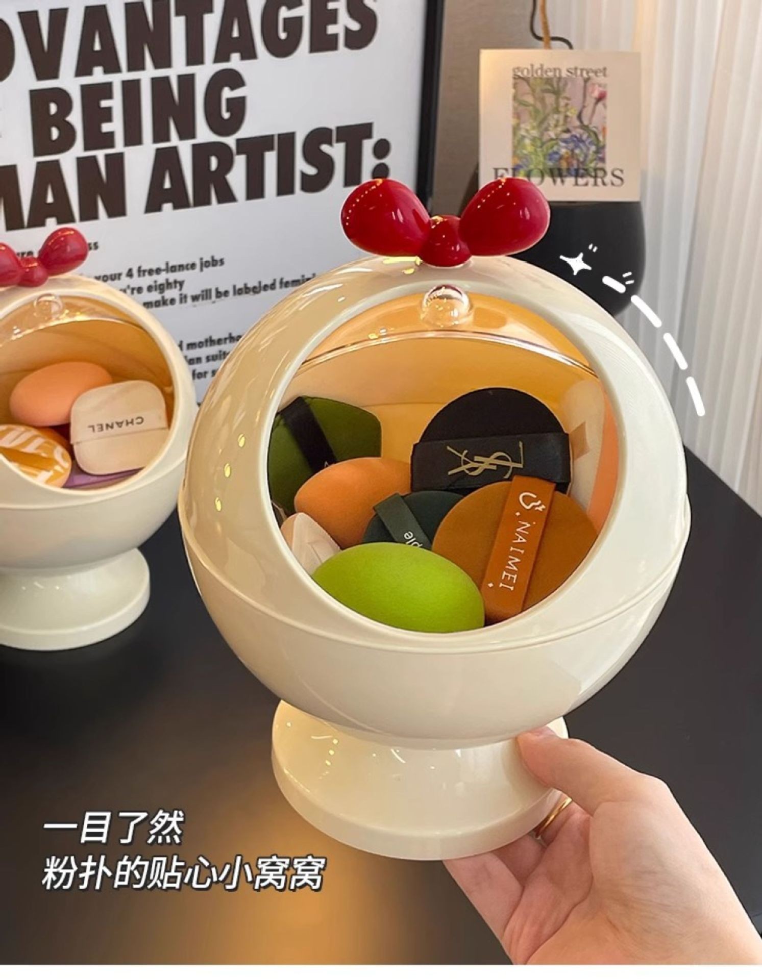 粉扑收纳盒桌面梳妆台防尘大容量翻盖化妆品盒子气垫美妆蛋置物架详情2