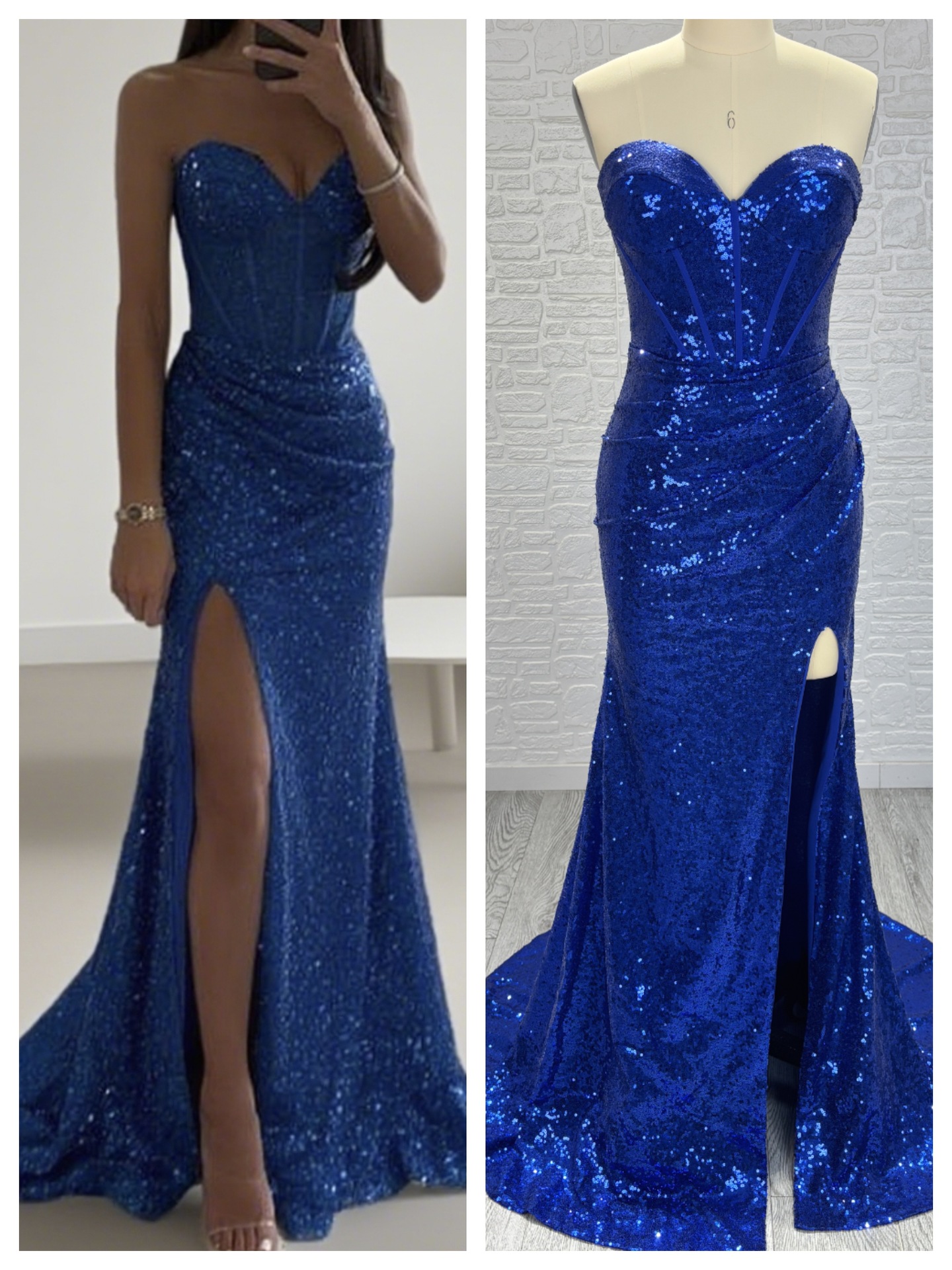 2025 New cross-border Amazon blue sexy long dress, European and American foreign trade dress, strapless, cinched waist, high slit pic 5