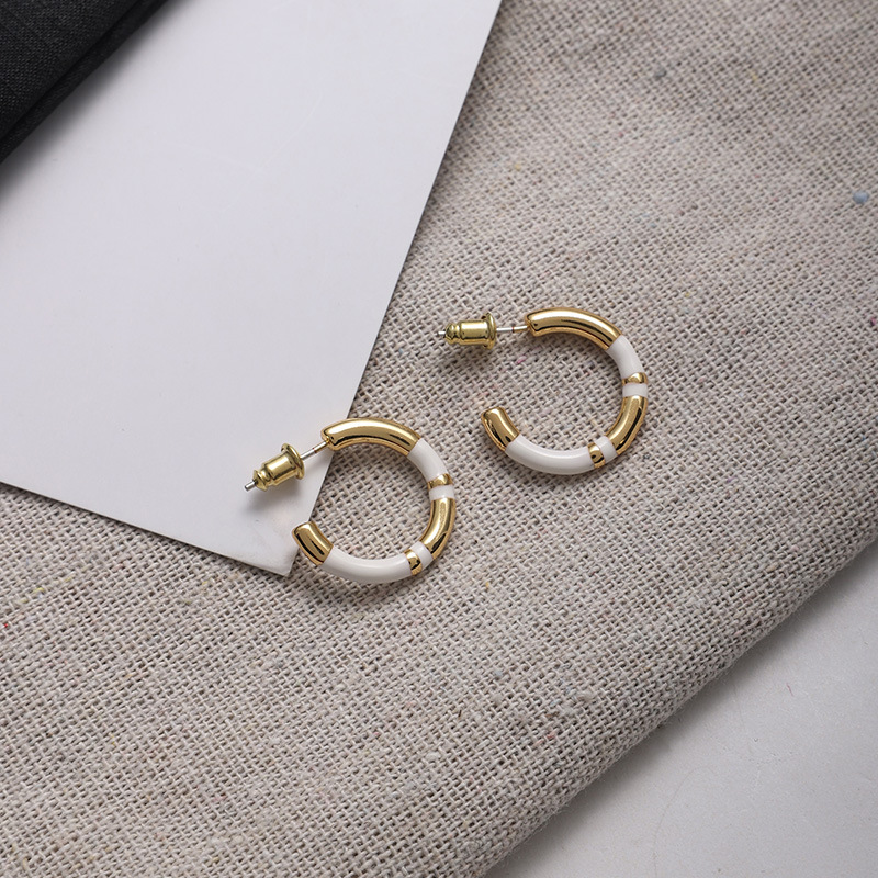 C形珐琅圈圈拼接耳环女法式轻奢小众设计感复古气质银针撞色耳圈详情7