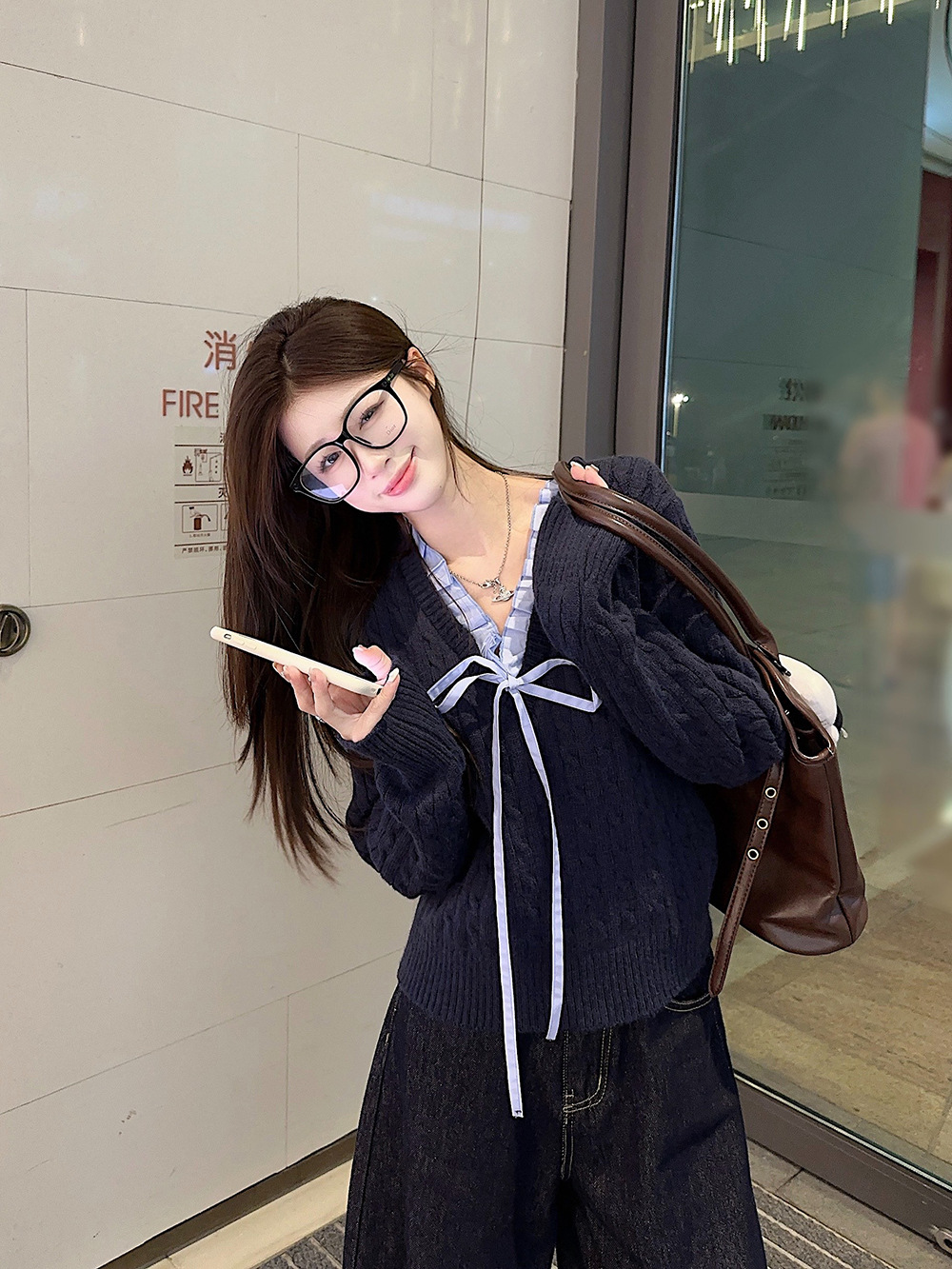 韩系学院风设计感假两件长袖毛衣针织衫女冬季蓝色温柔风修身上衣详情7