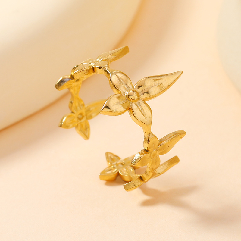 欧美时尚钛钢戒指 法式复古流行油压贝壳 花朵开口戒不锈钢饰品详情16