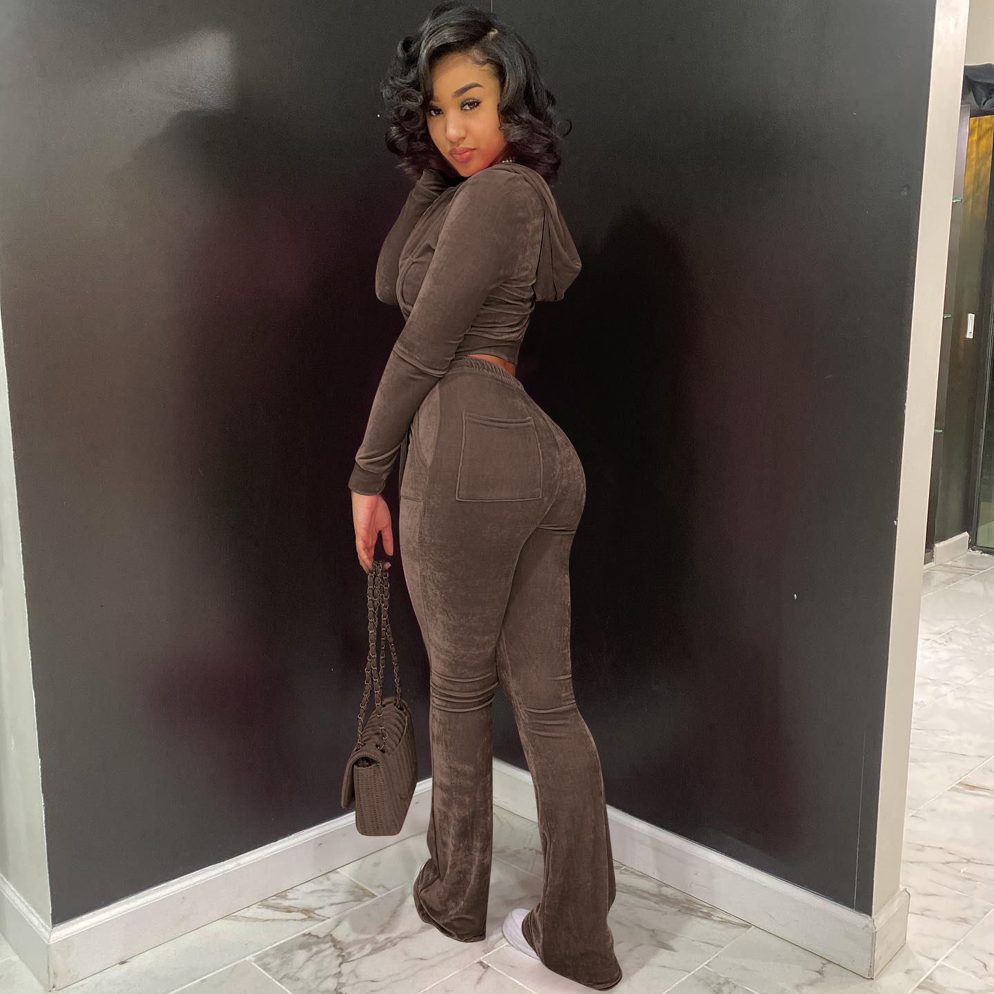 Solid color gold velvet wide-leg pants two-piece set pic 118