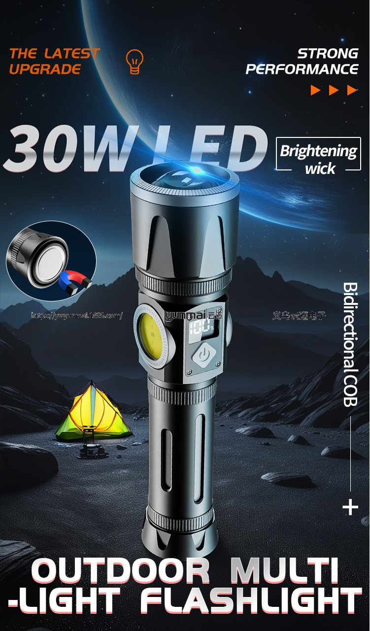 亚马逊新品LED白激光双面COB多色温手电筒带数字电量显示强光手握式照明工具详情4