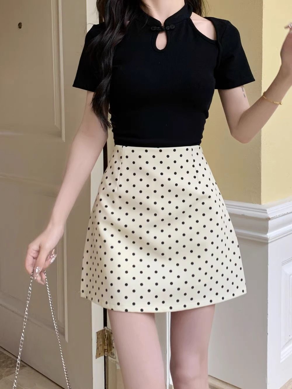 简漫妮波点半身裙夏季休闲百搭包臀裙女辣妹高腰A字裙西装短裙子详情5