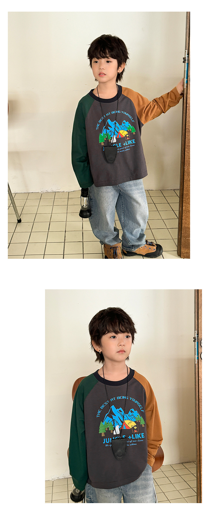 海妈家2024春秋新款男童插肩袖长袖纯棉T恤韩版童装衣服露营儿童详情14