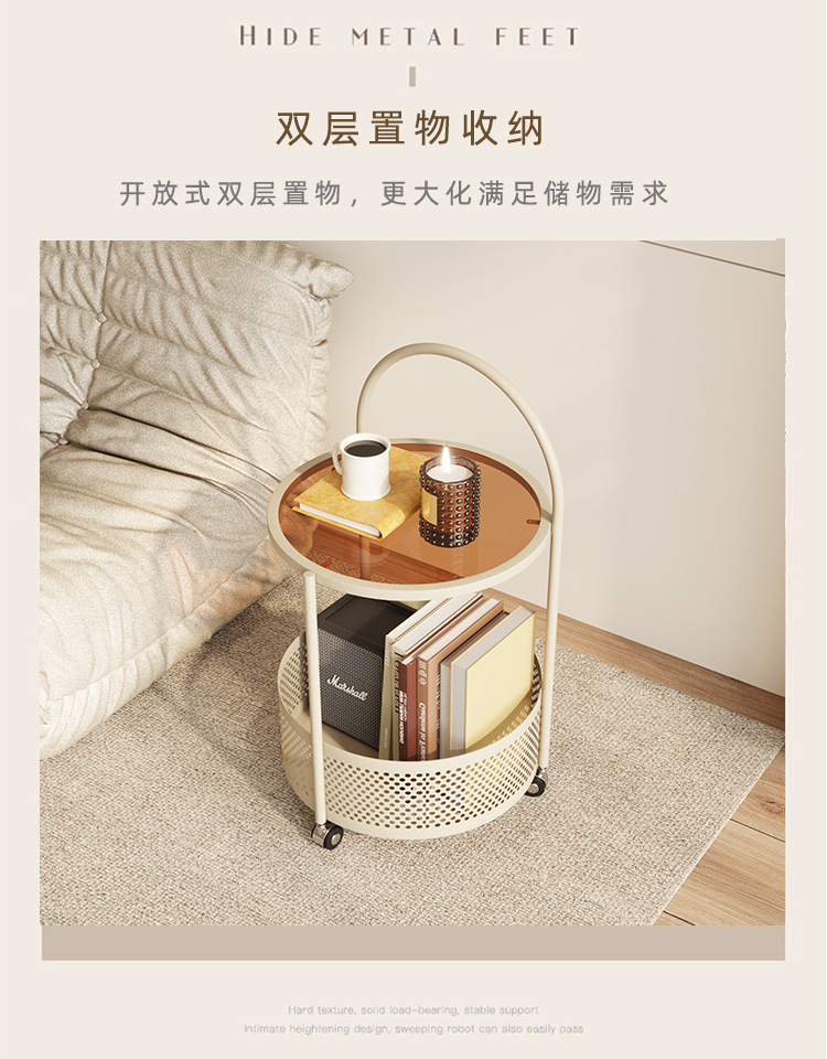 沙发边几简约网红奶油风创意小户型茶几移动带轮小推车零食收纳架详情15