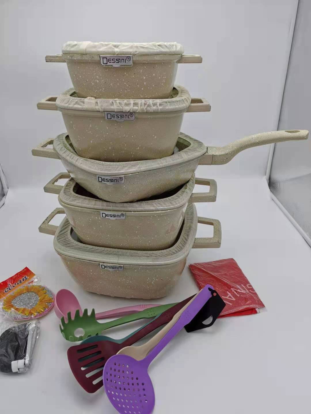 dessini25件套不粘锅方形条纹压铸铝锅麦饭石锅厨房组合锅具套装详情2