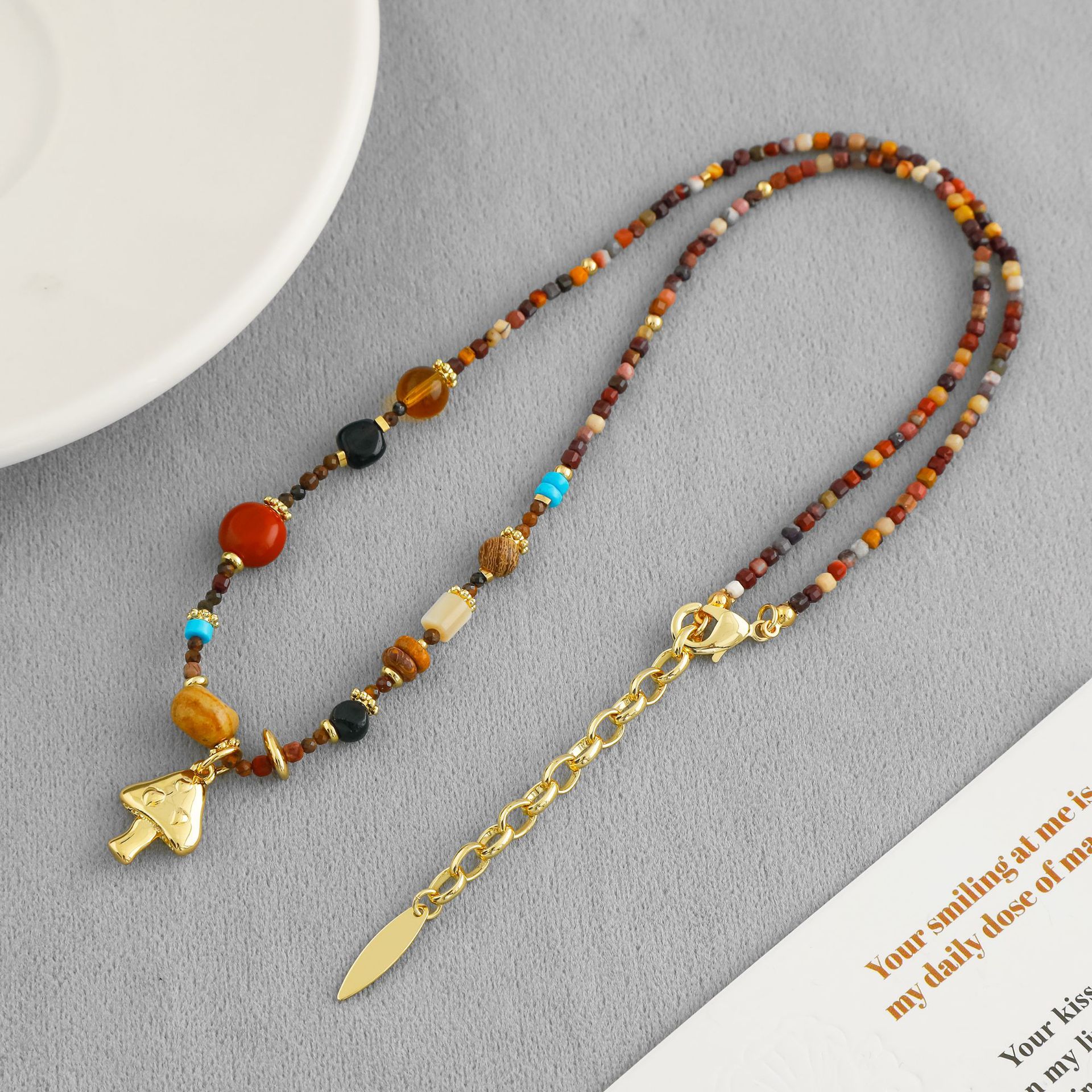 LAZY*家蘑菇彩石项链 夏季爆款简约叠戴天然石日出蘑菇串珠锁骨链详情7