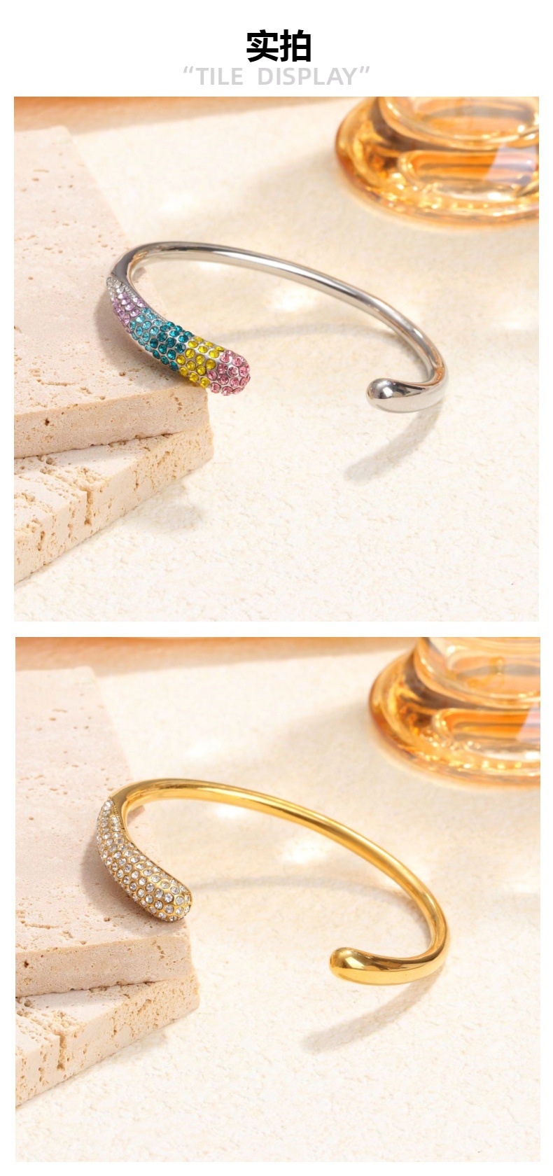 European and American cross-border titanium steel bracelet, 18K gold-plated colored zirconium full diamond, high-end and fashionable stainless steel cast bracelet and jewelry pic 5