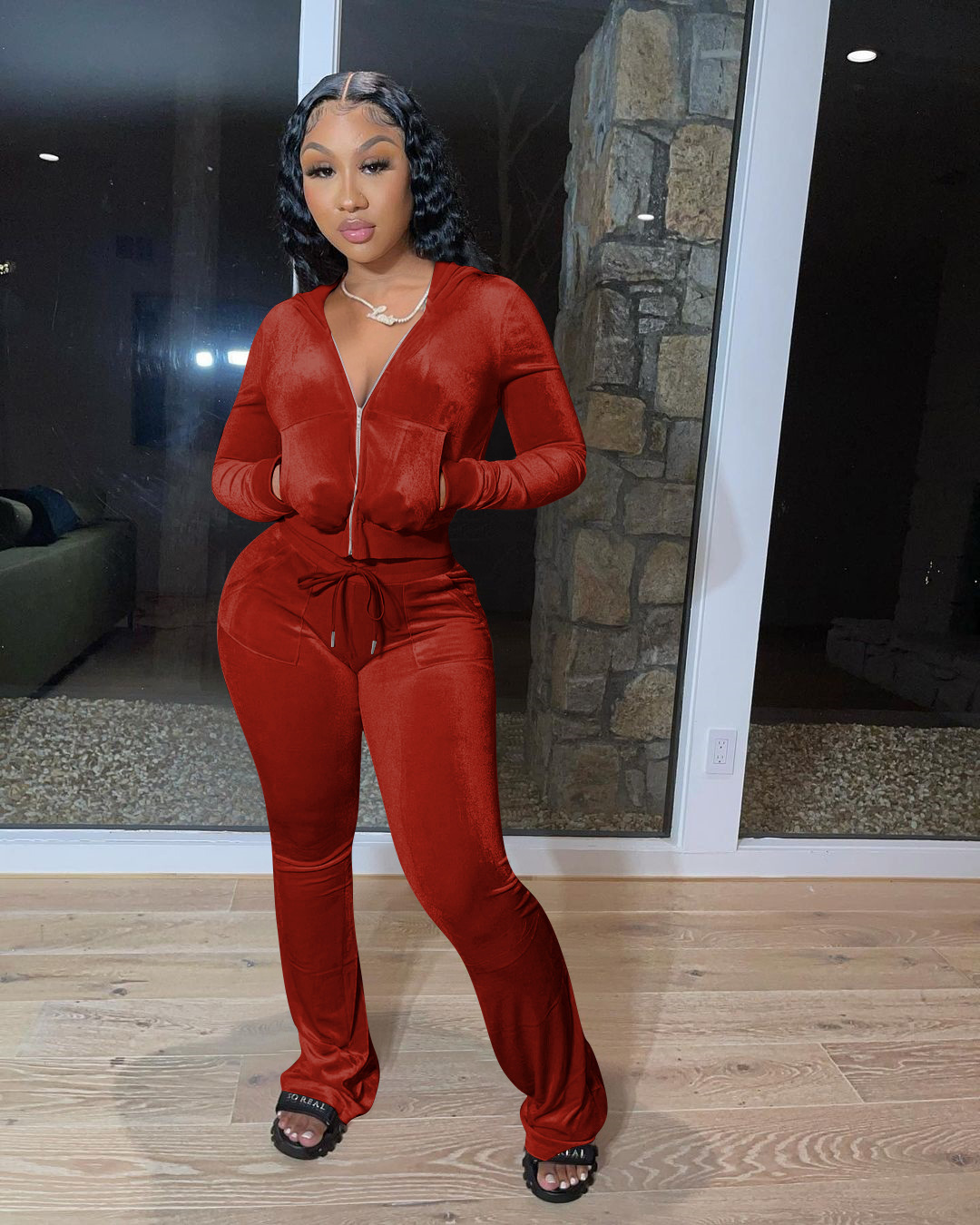 Solid color gold velvet wide-leg pants two-piece set pic 131