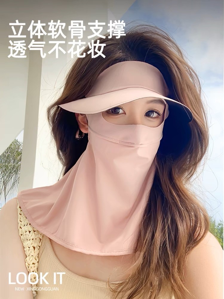 爆款黑胶帽檐面罩一体全脸遮阳透气防晒护眼角护颈显脸小防晒口罩详情2