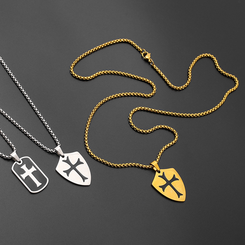 European and American paladin cross shield necklace, retro and unique epoxy resin European and American punk pendant pic 3