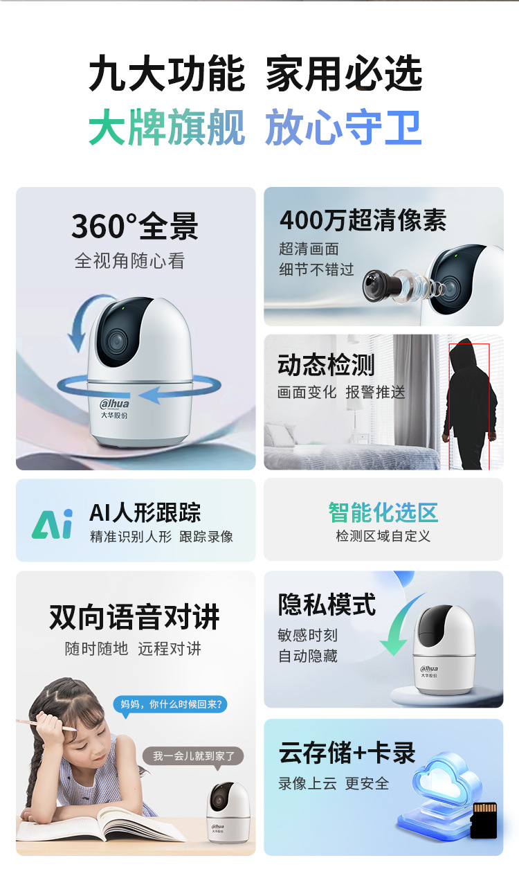 大华摄像头家用无线WiFi连手机远程360度全景监控400万高清E6A详情2