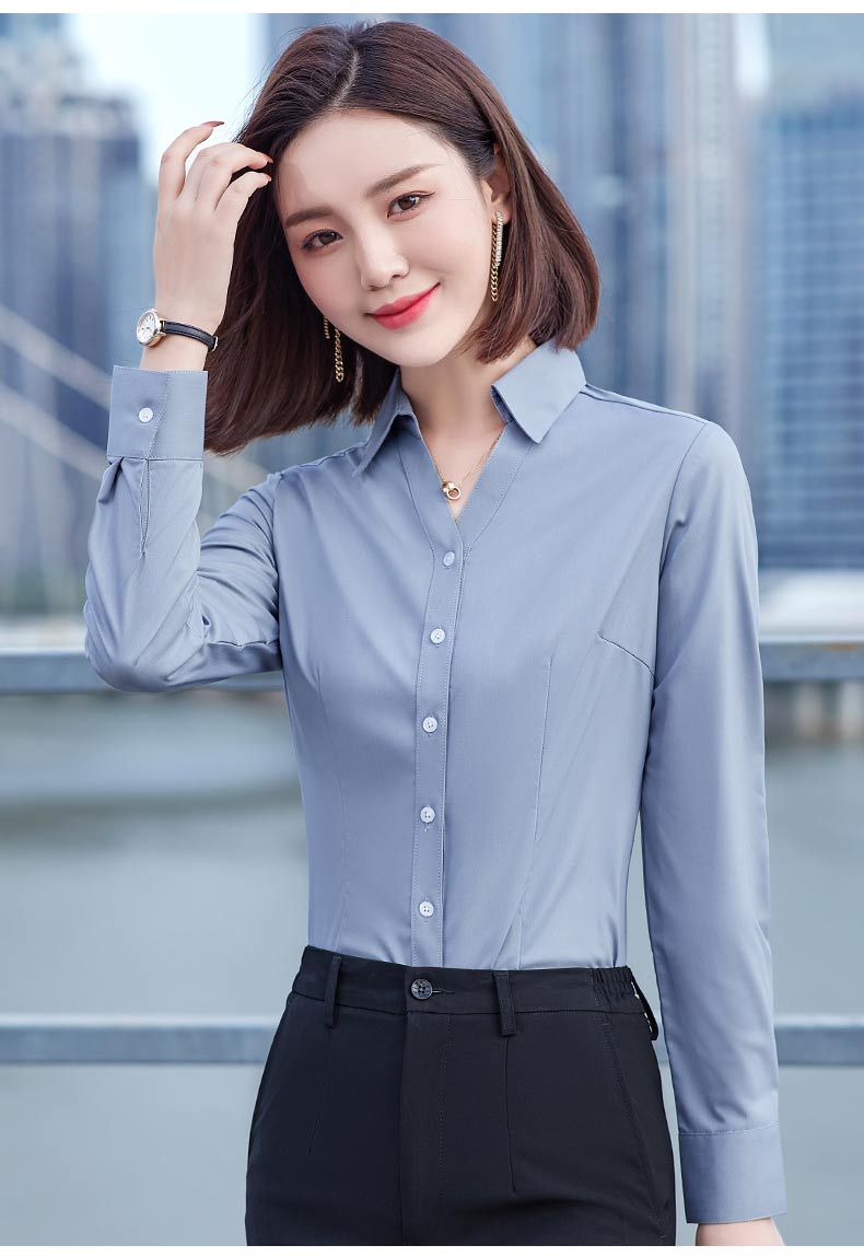 Company professional long-sleeved shirt for women, Korean-style, slimming, no-iron stand-up collar top, bamboo fiber work shirt for men pic 15