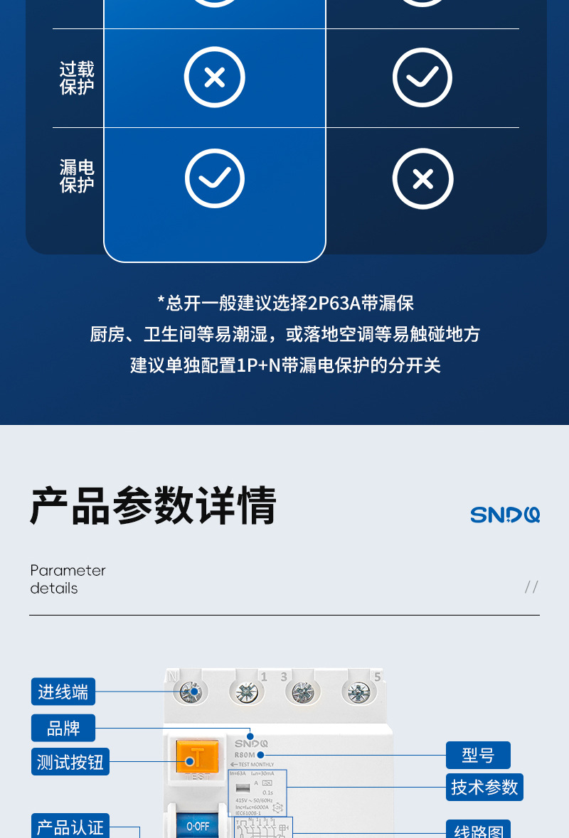 RCCB电磁式漏电空气开关RCD漏保 ID款漏电断路器家用漏电保护器详情7