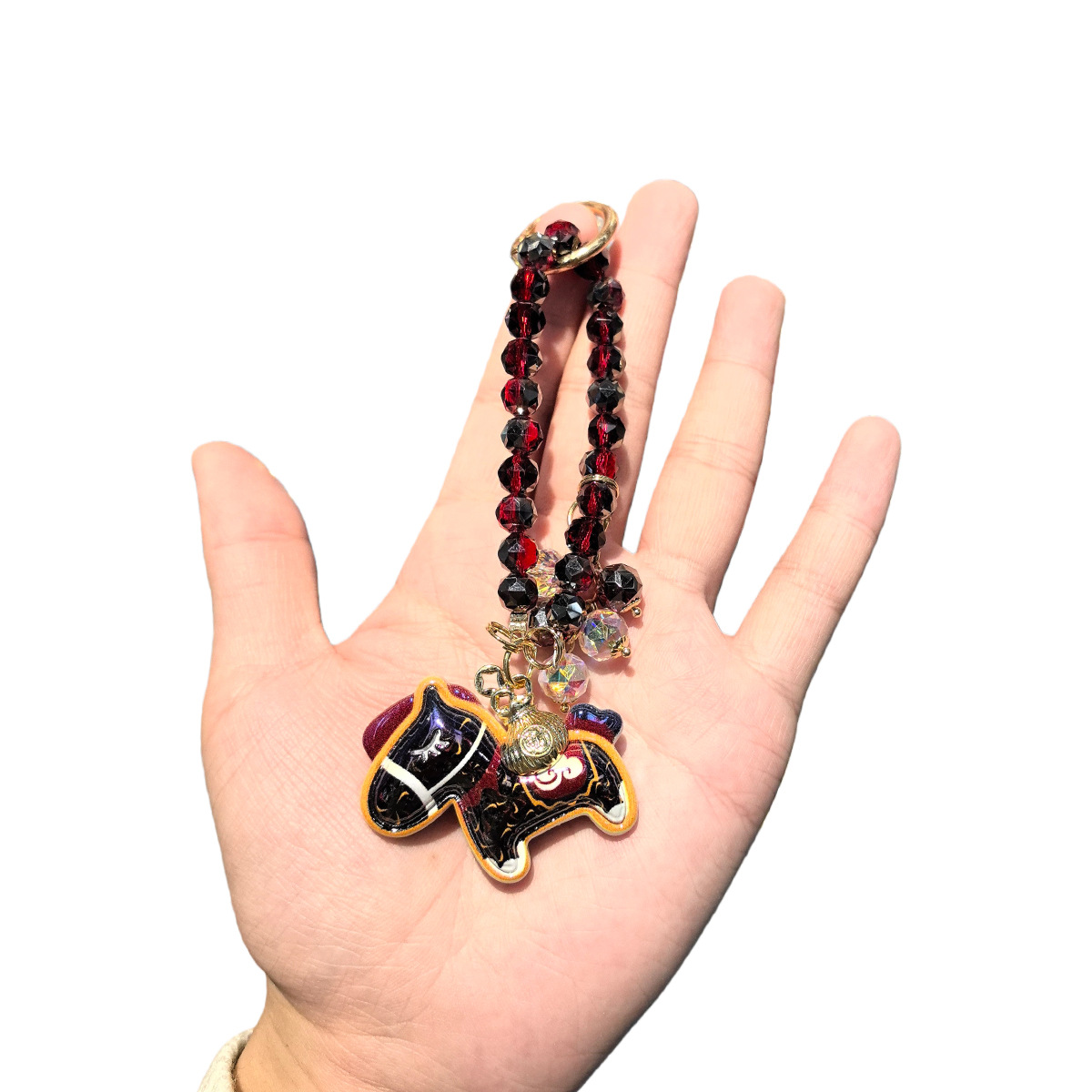 国潮唐马水晶串珠钥匙扣珐琅彩立体小马挂饰马年招财本命年包挂件详情2