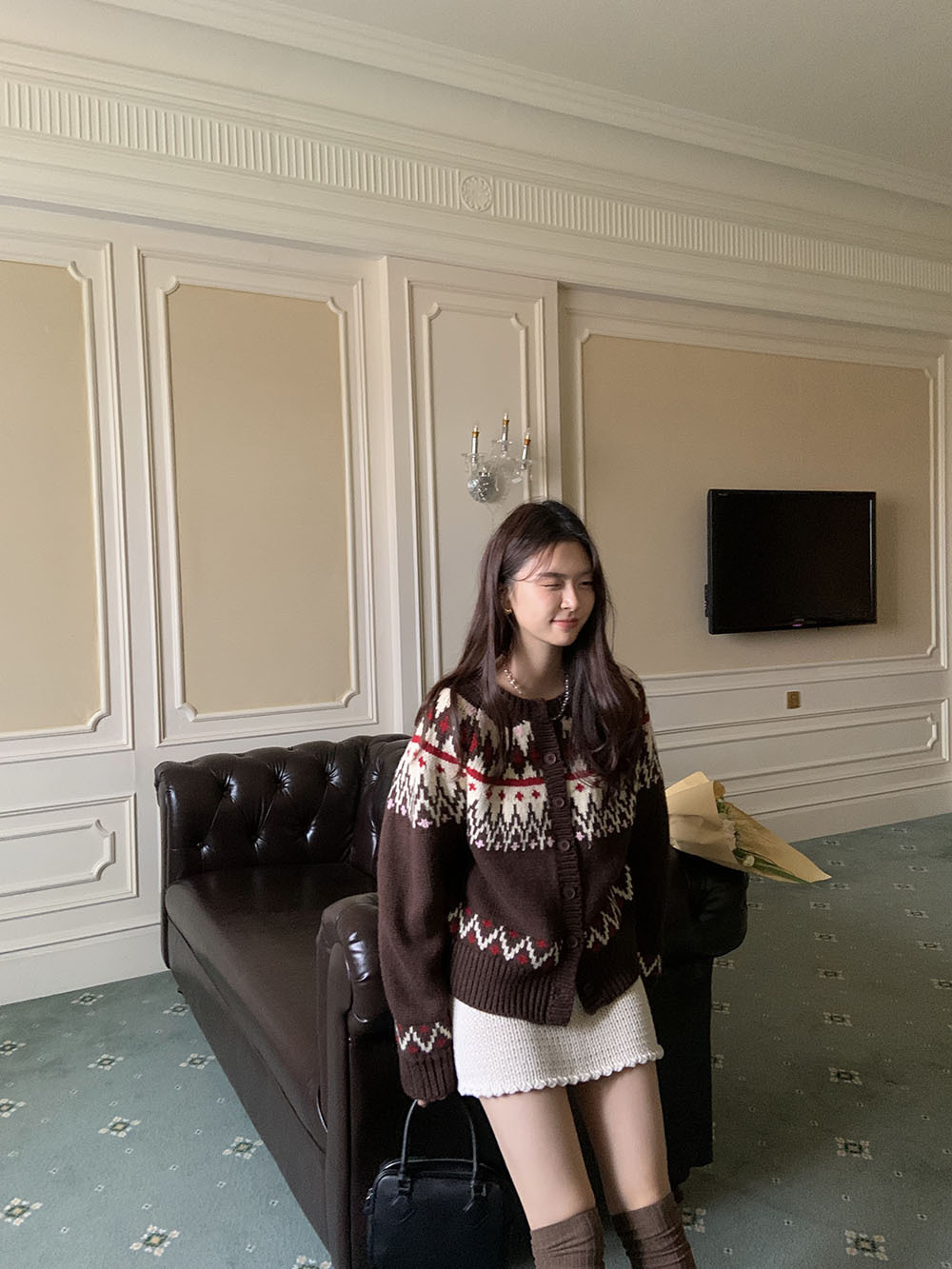 费尔岛复古美式少女撞色波普提花单排扣针织开衫厚实保暖毛衣外套详情31