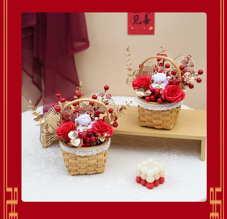 春节新年红果招财猫仿真玫瑰花篮喜庆氛围装饰乔迁新居创意礼物详情5