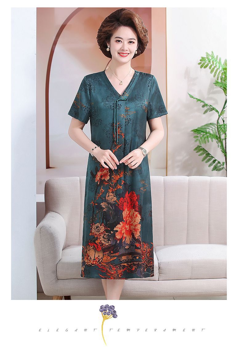 Mom 2024 New Chinese-style faux silk summer New printed dress, a loose and stylish mid-length dress for middle-aged and elderly people pic 13