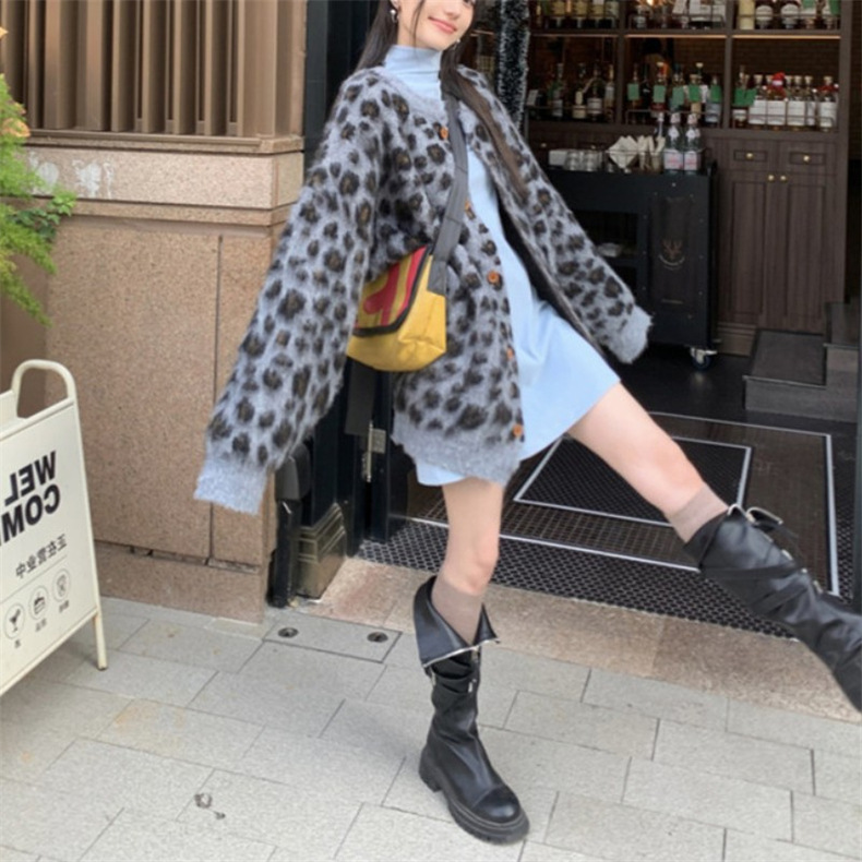 美式复古风宽松豹纹提花毛衣外套女2024秋冬加厚时尚休闲针织开衫详情8