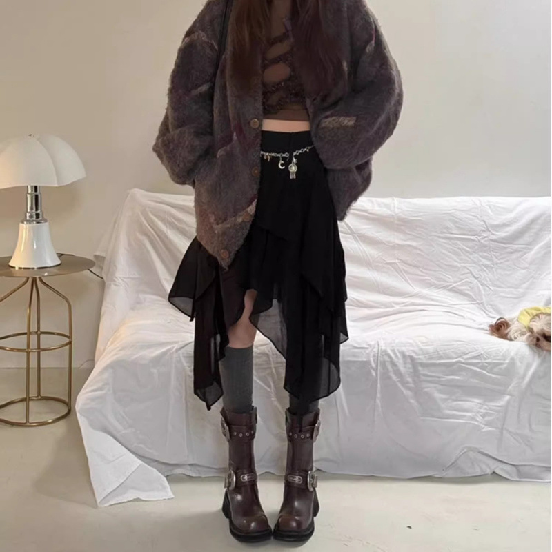 This French retro design irregular skirt is a rare high-waisted, versatile mid-length skirt for women in spring and autumn pic 5