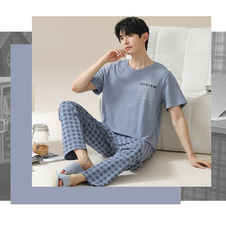 Summer pure cotton pajamas for men, cartoon casual short-sleeved shirts and long pants, pure cotton comfortable home wear, summer youth student set pic 135