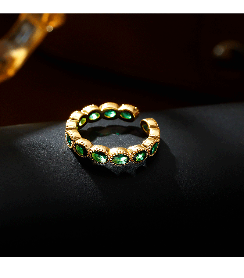 Hyacinth复古港风祖母绿开口戒指女款抖音直播爆款轻奢可调节指环铜镀金色详情2