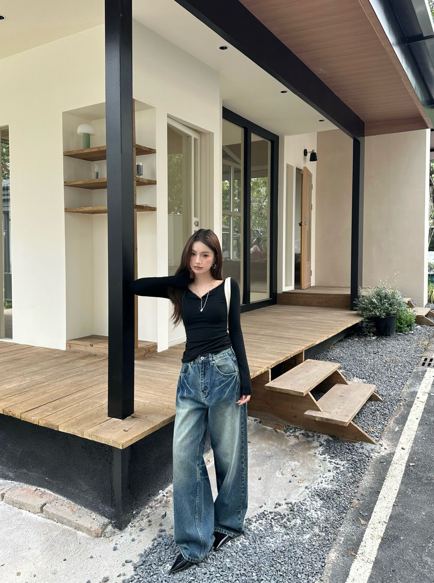 陆晟闪电纹做旧阔腿牛仔裤男女潮流美式复古水洗街头风休闲裤子潮详情8