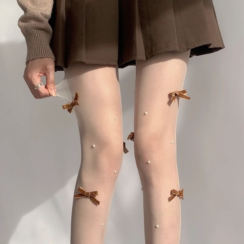 沐阮白色丝袜女夏季日系蝴蝶结纯欲风珍珠小众设计洛丽塔连裤袜详情1