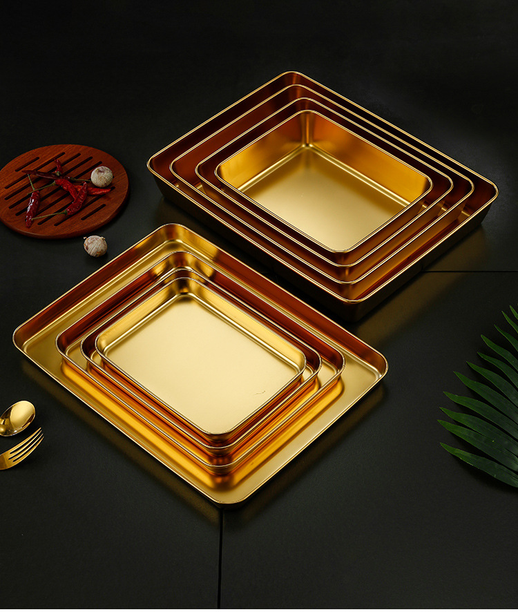 304韩式不锈钢金色托盘方盘烧烤盘小吃盘子火锅菜盘饺子盘快餐盆详情7
