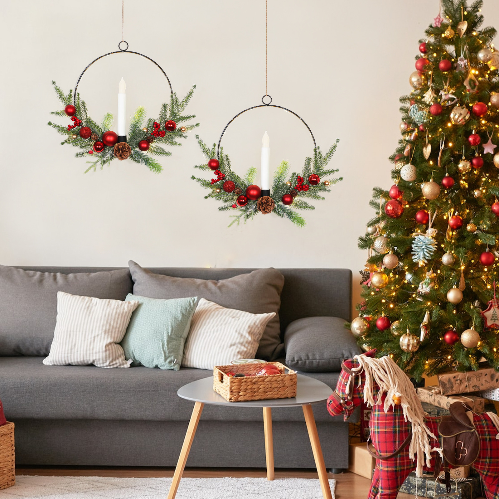 跨境圣诞节烛台花环仿真松针带松果门挂墙饰家居节庆气氛布置壁挂详情11