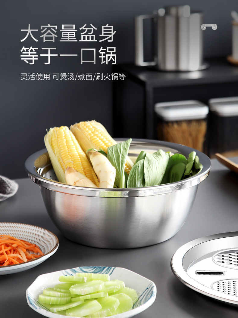 不锈钢刨丝器沥水盆 多功能洗米碗 刨丝盆创意厨房刨丝盆详情7