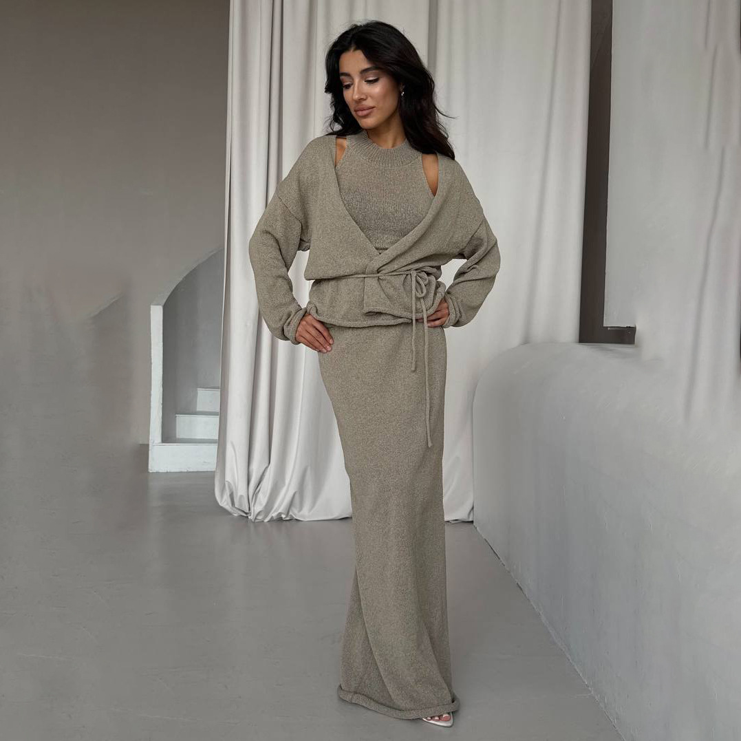 French-style laid-back lace-knit three-piece set, sleeveless slimming vest style, long-sleeved cardigan, hip-hugging, floor-length skirt pic 8