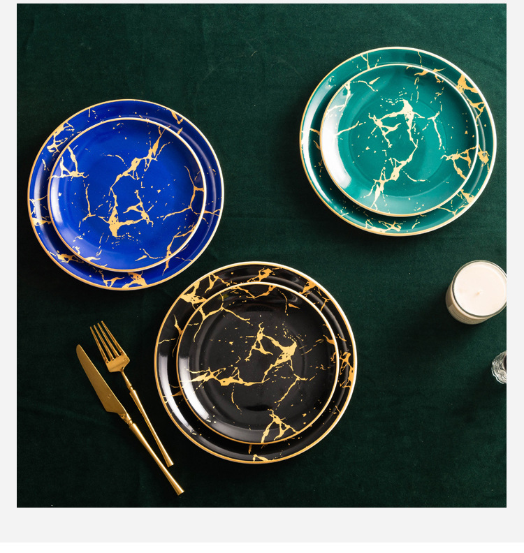 European-style gold-edge tableware, marble-patterned plates, Western plates, steak plates, household tableware, banquet dessert presentation model room pic 13