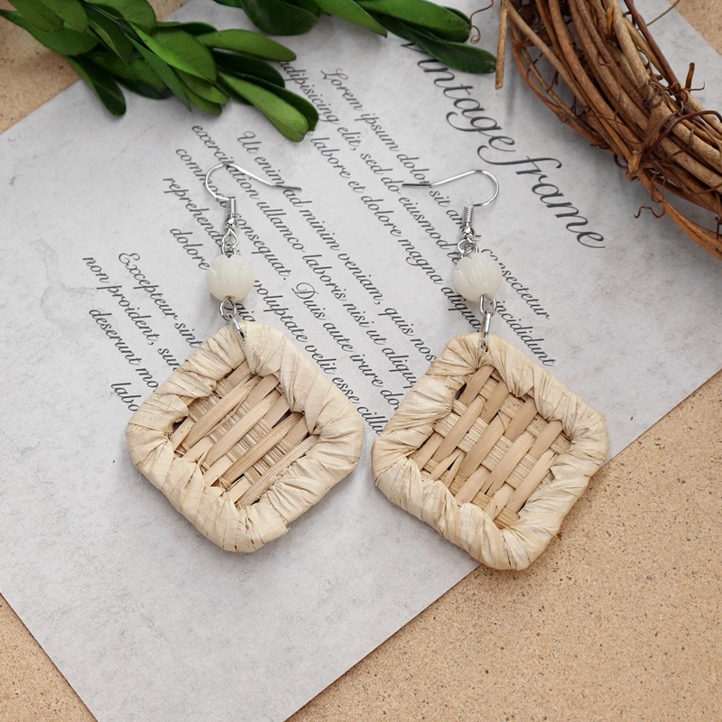 新夏季波西米亚复古度假草藤编织耳环女气质长款海岛沙滩木质耳饰详情12