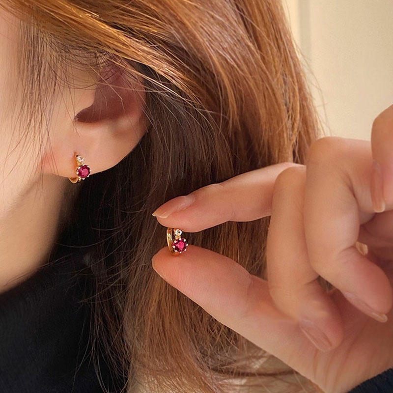 Feiyu retro, simple and exquisite red and blue zircon crystal earrings, fashionable and elegant for women, small silver and gold earrings pic 2