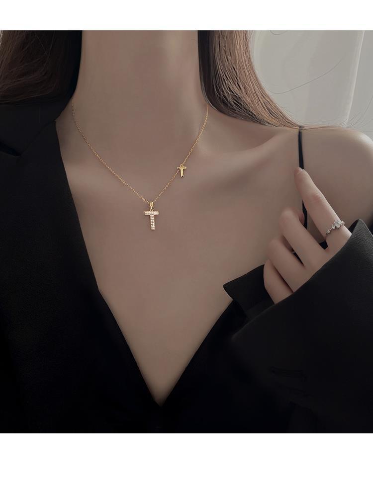 辣妹字母T项链女百搭锁骨链小众设计感轻奢925纯银吊坠首饰品批发详情12