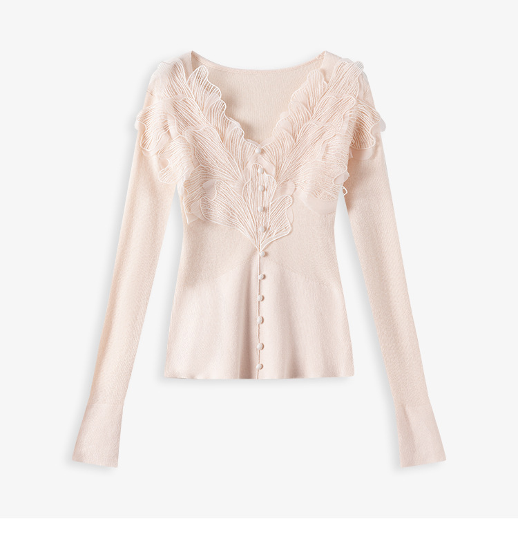 Pink feather cotton blended knitted sweater base layer for women, new Spring 2025 lace long-sleeved top pic 24