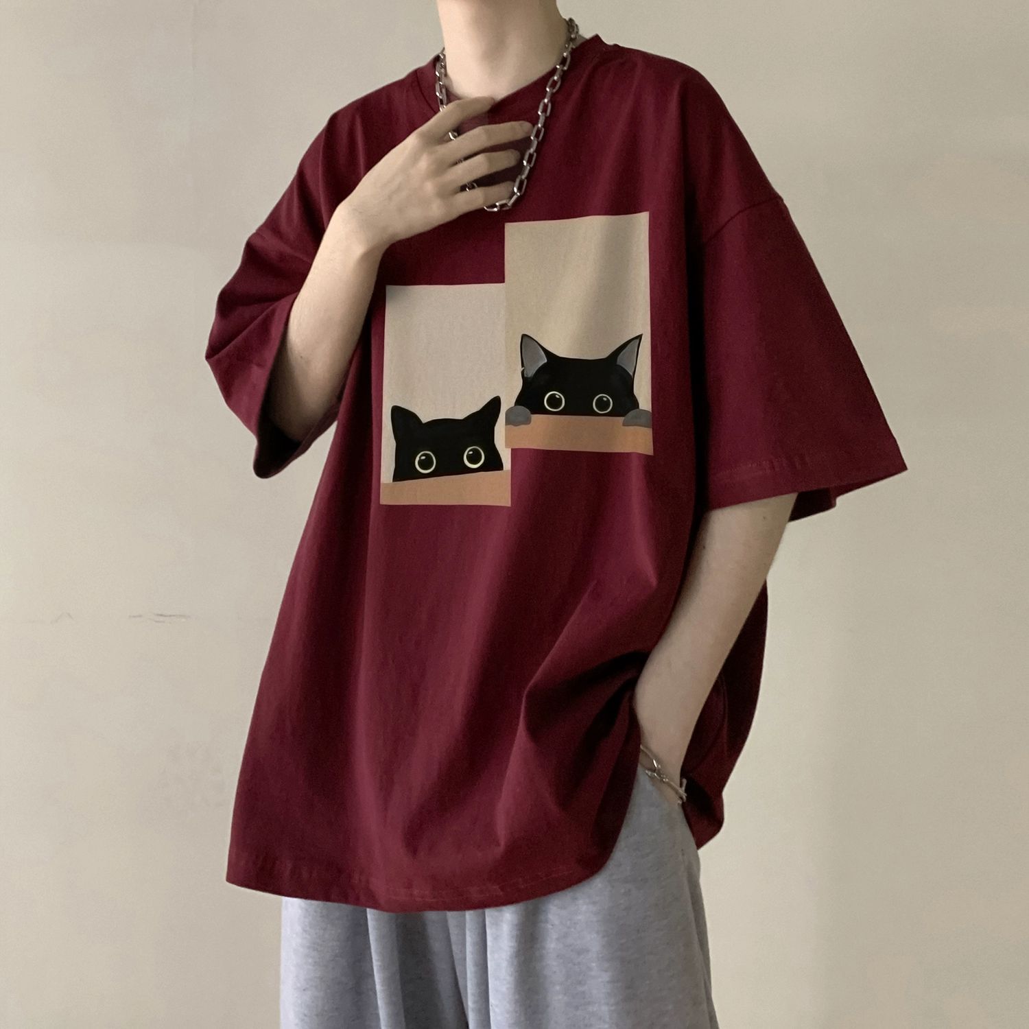 酒红色廓形短袖T恤男生夏季男士情侣衣服2024新款青少年宽松半袖详情1