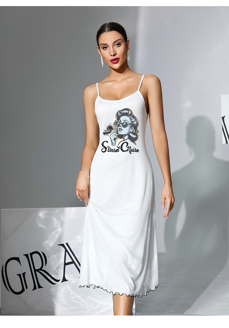 Milk silk skin-friendly halter long dress for women. Multiple patterns to choose from. Printed black and white ear trim. Home wear and sleeping dress 930 pic 12