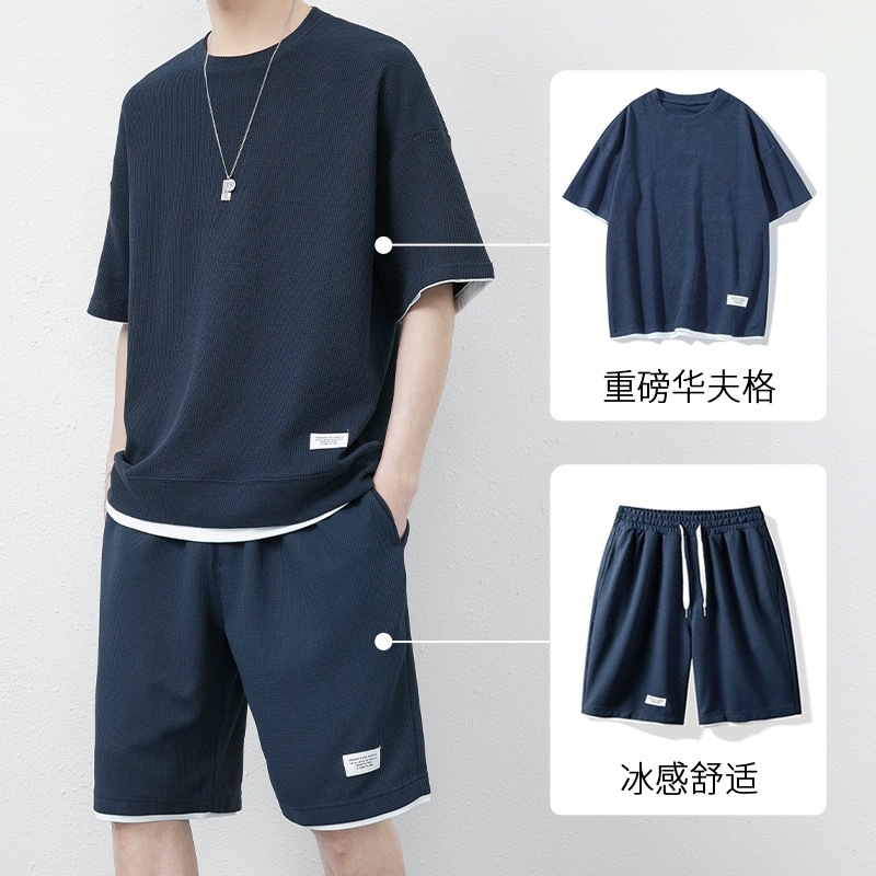 华夫格休闲套装男士夏季青少年大码男装运动短袖短裤搭配一套T恤详情14