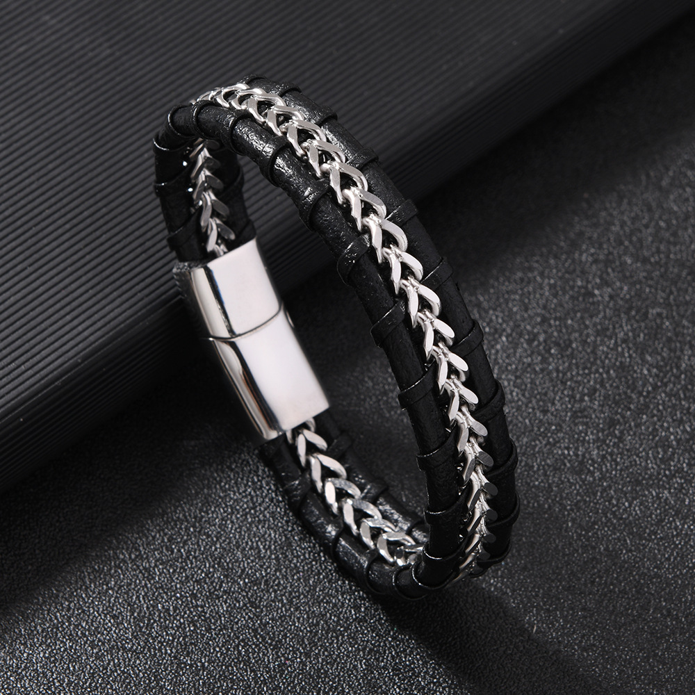 速卖通希音爆款男士手环 多层编织皮革手链时尚个性磁吸扣手链详情18